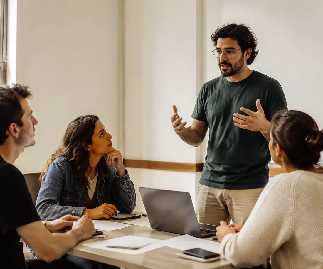 Participantes em pé entre as estantes, conversando antes de o encontro abrir