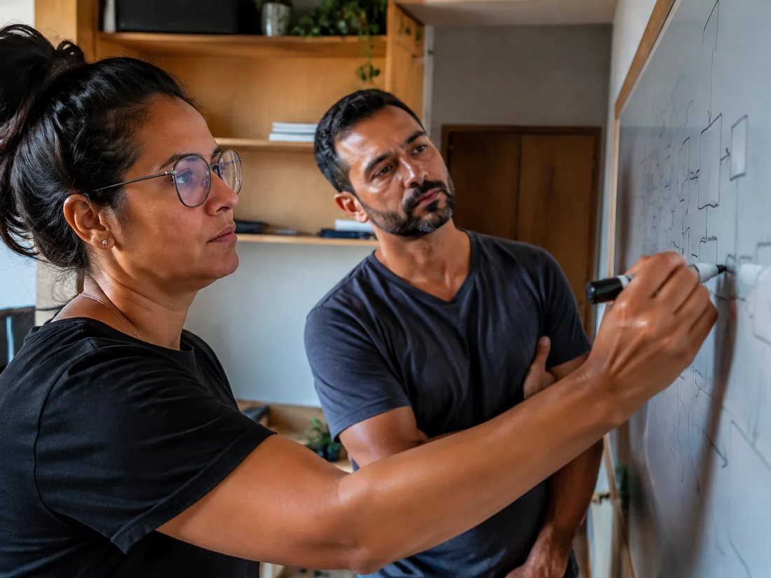 Duas pessoas de pé ao quadro branco, montando a estrutura de um argumento
